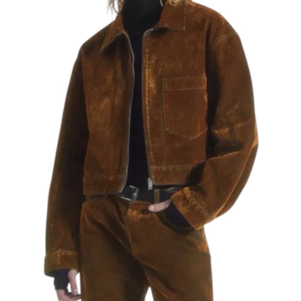COS Oversized Flocked Denim Jacket Collared Zip Womens Size 6 Rust Brown